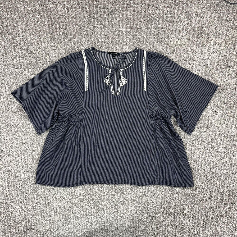 Banana Republic Top Womens Medium Blue Stripe Embroidered Boho Blouse